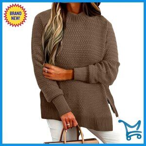 Oversized Knit Pullover Sweater Side Slit Loose Fit Tunic Crewneck Fall Fashion